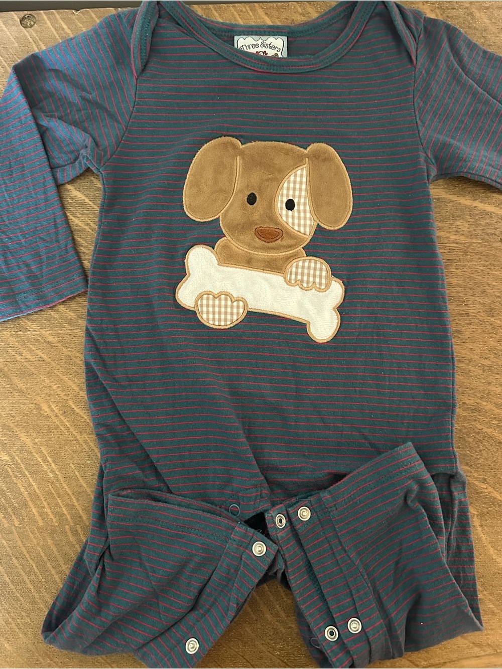 Three Sisters Navy and Maroon Striped Puppy Applique One-Piece